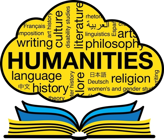 book open with words related to humanities in cloud above
