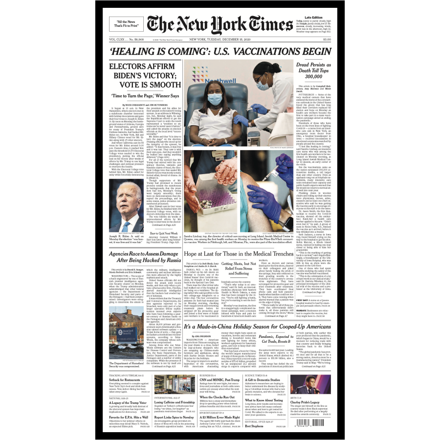 The New York Times front page, December 15, 2020