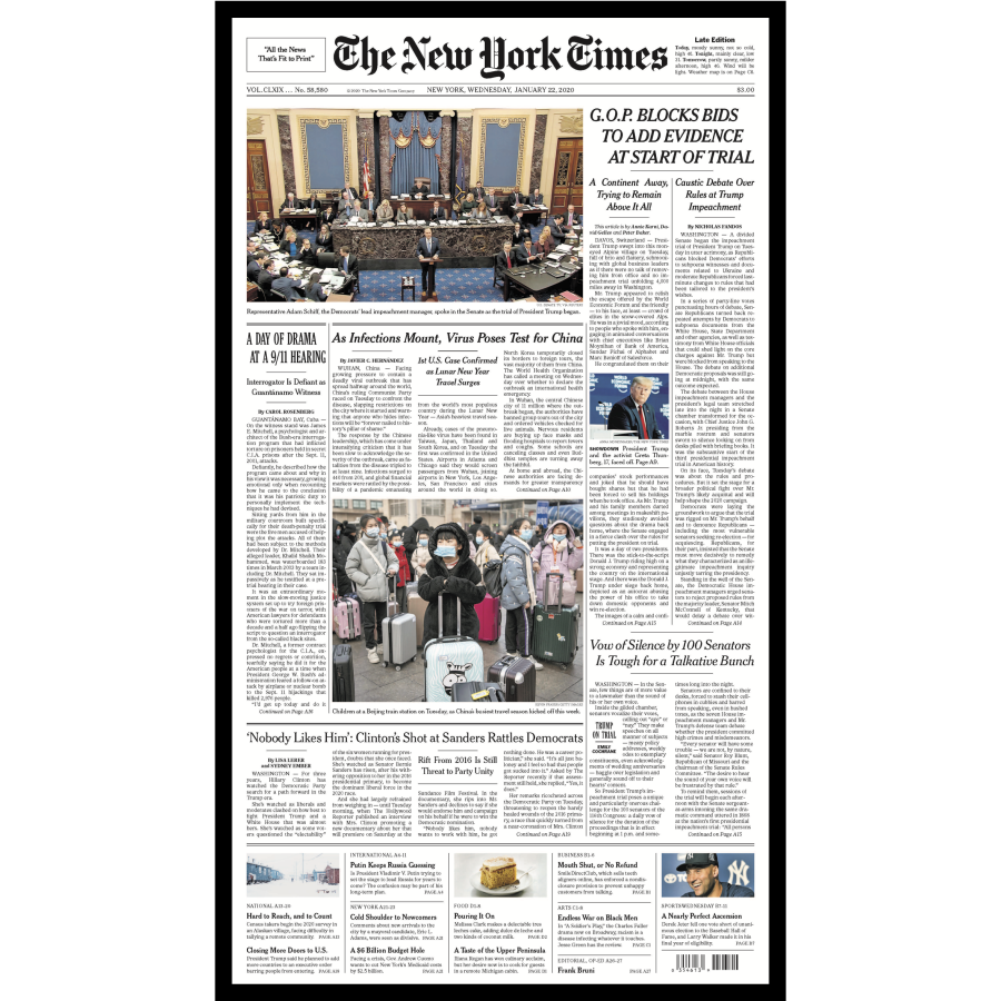 The New York Times front page, January 22, 2020