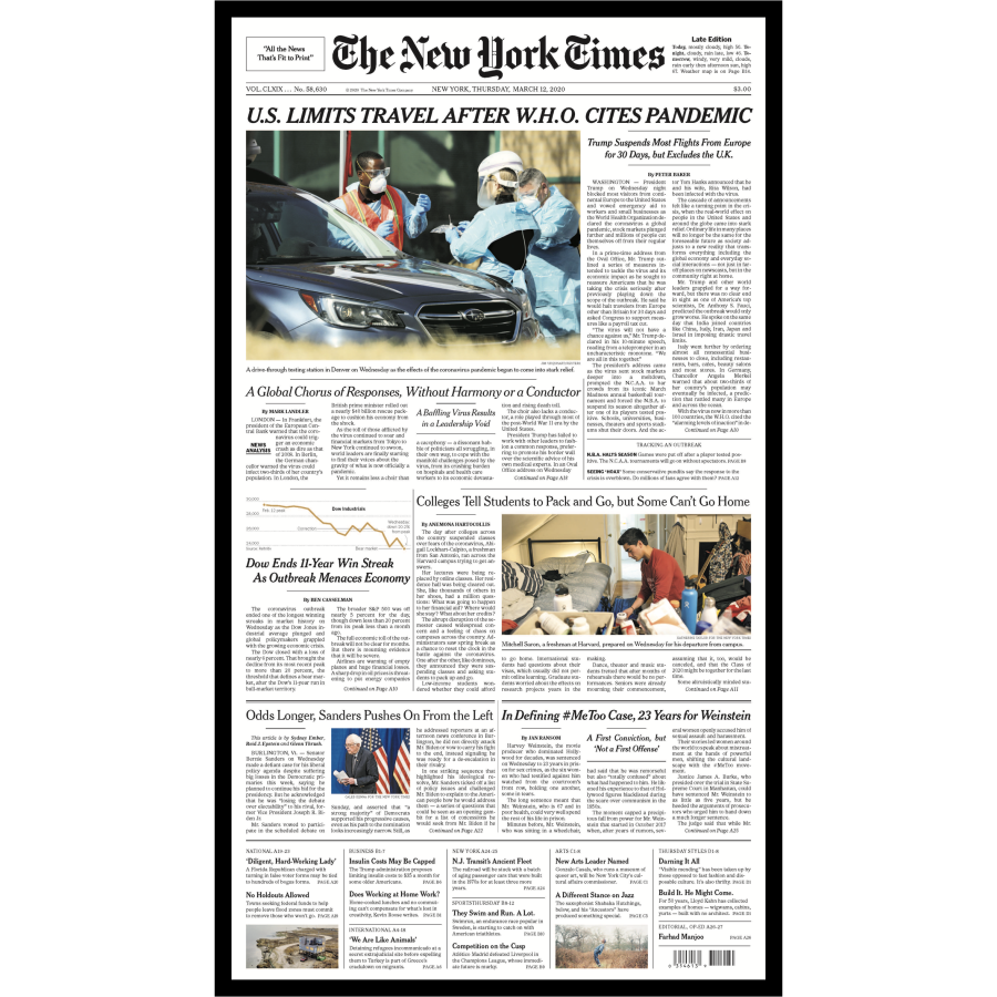 The New York Times front page, March 12, 2020
