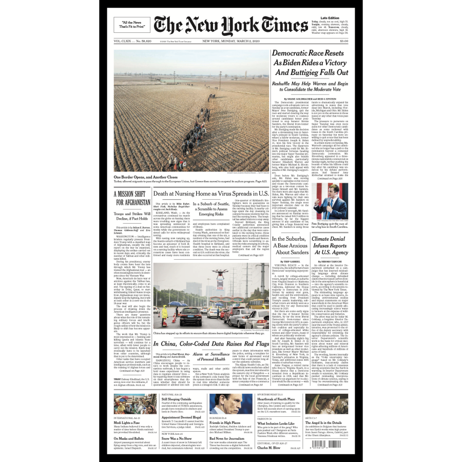 The New York Times front page, March 2, 2020