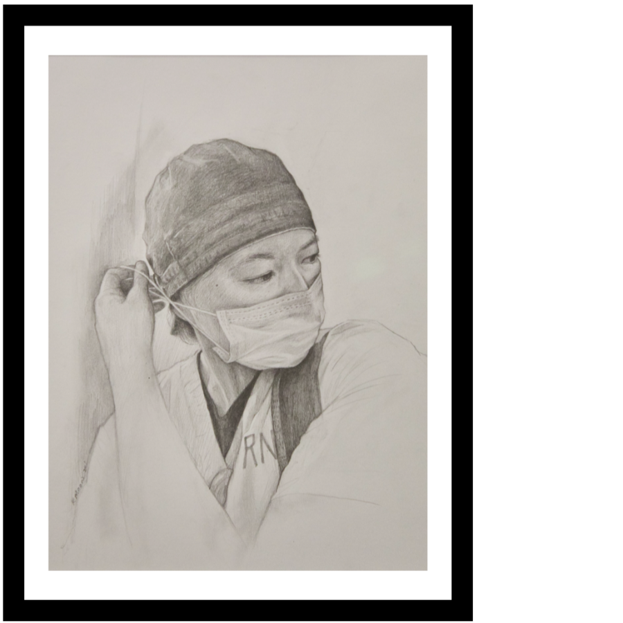 pencil drawing of a nurse in PPE