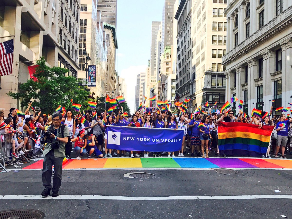 Photo of NYU community members marching in the NYC Pride Parade, 2017