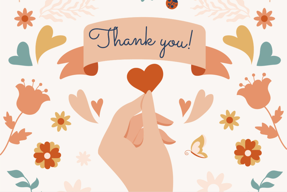Hand holdinng a heart.  Banner that says Thank you over the top of the hand.  Flowers scattered on the background