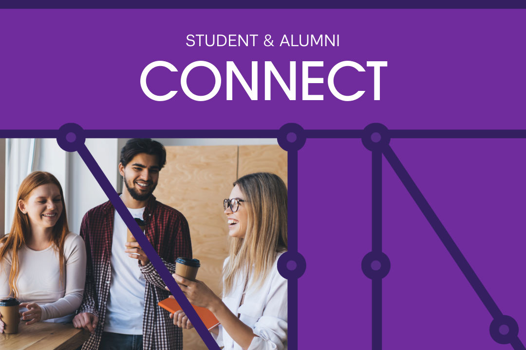 Students drinking coffee.  Purple background with black lines. 