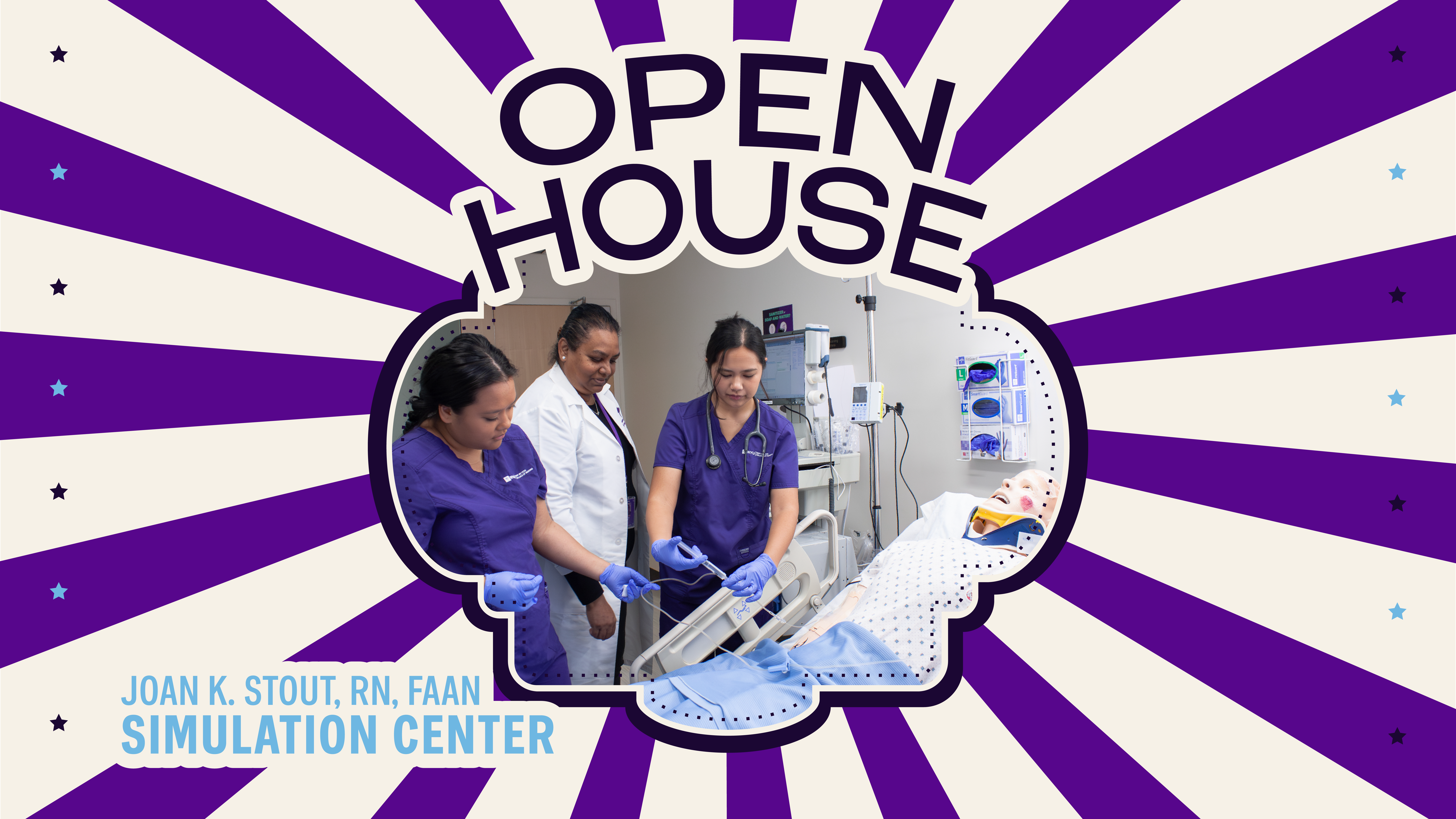 Picture of students at the simulation center with Open House Logo