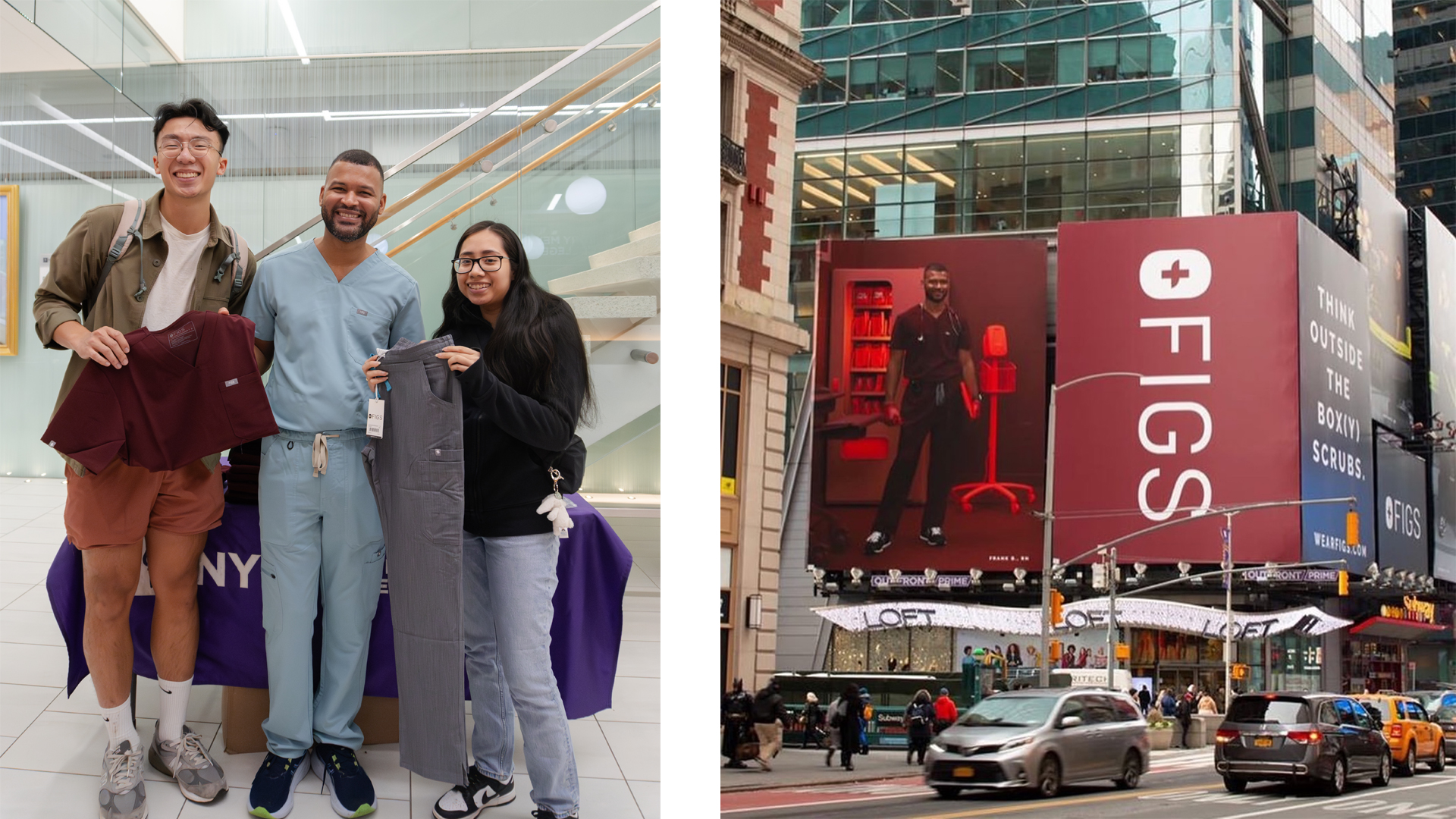 Baez posing with two students with scrubs and red billboard pic in Time Square as a FIGs ambassador