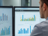 Male looking at two computer screens with data charts visible