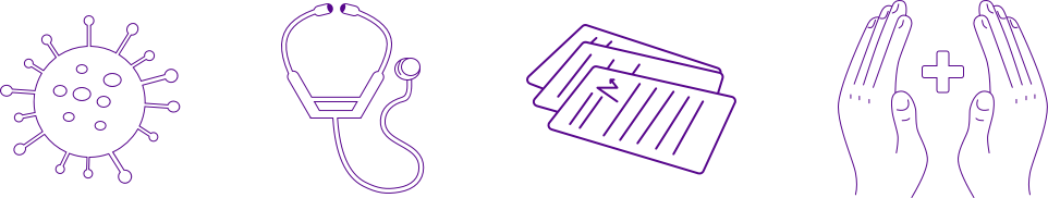 Coronavirus, stethoscope, patient chart, and healing hands graphics