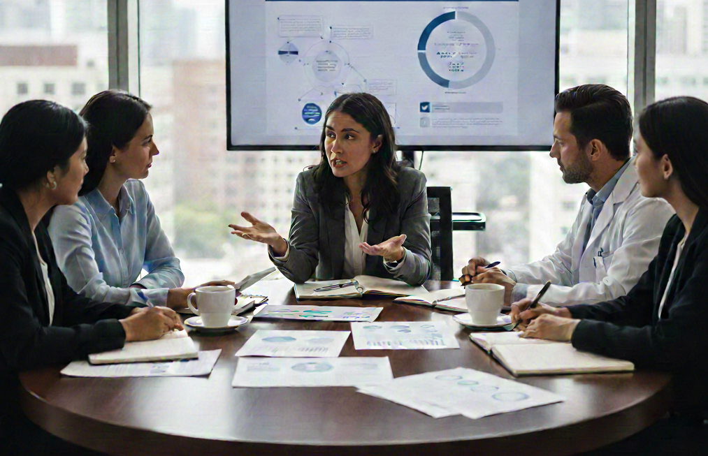 Five people sitting at a conference table with one person speaking