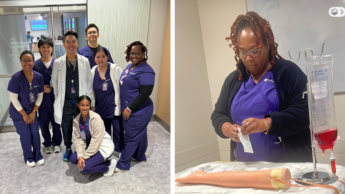 on the left, group of nursing students, jasmin is on the left in the first image. On the right Jasmin is preparing a for a simulation with an arm on the table