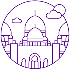 Purple graphic of Abu Dhabi landmarks