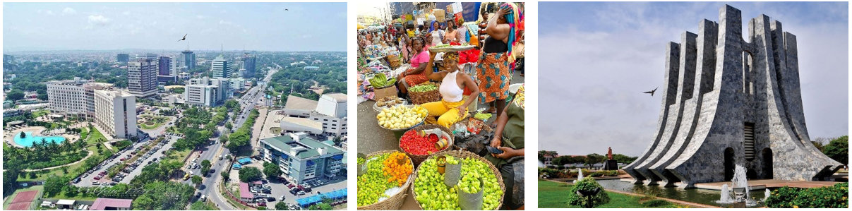 Arial view of Accra, Ghana; Photo people at a fruit market; Kwame Nkrumah Park and Mausoleum