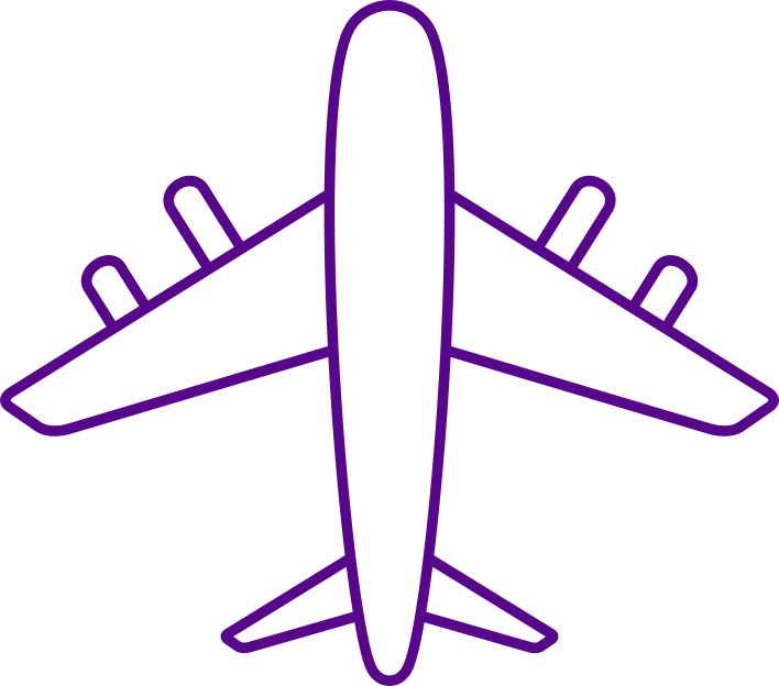 Purple graphic of an airplane, bird's eye view