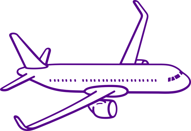 Purple graphic of an airplane in flight, side view