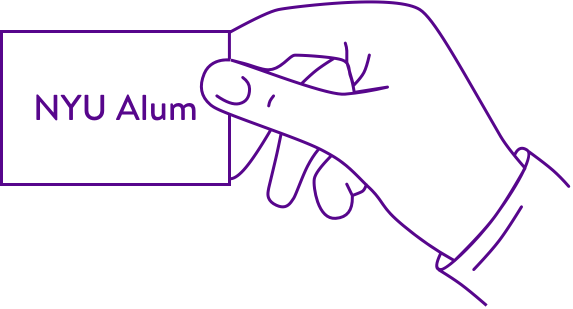 Purple graphic of hand holding sign that says "NYU Alum"