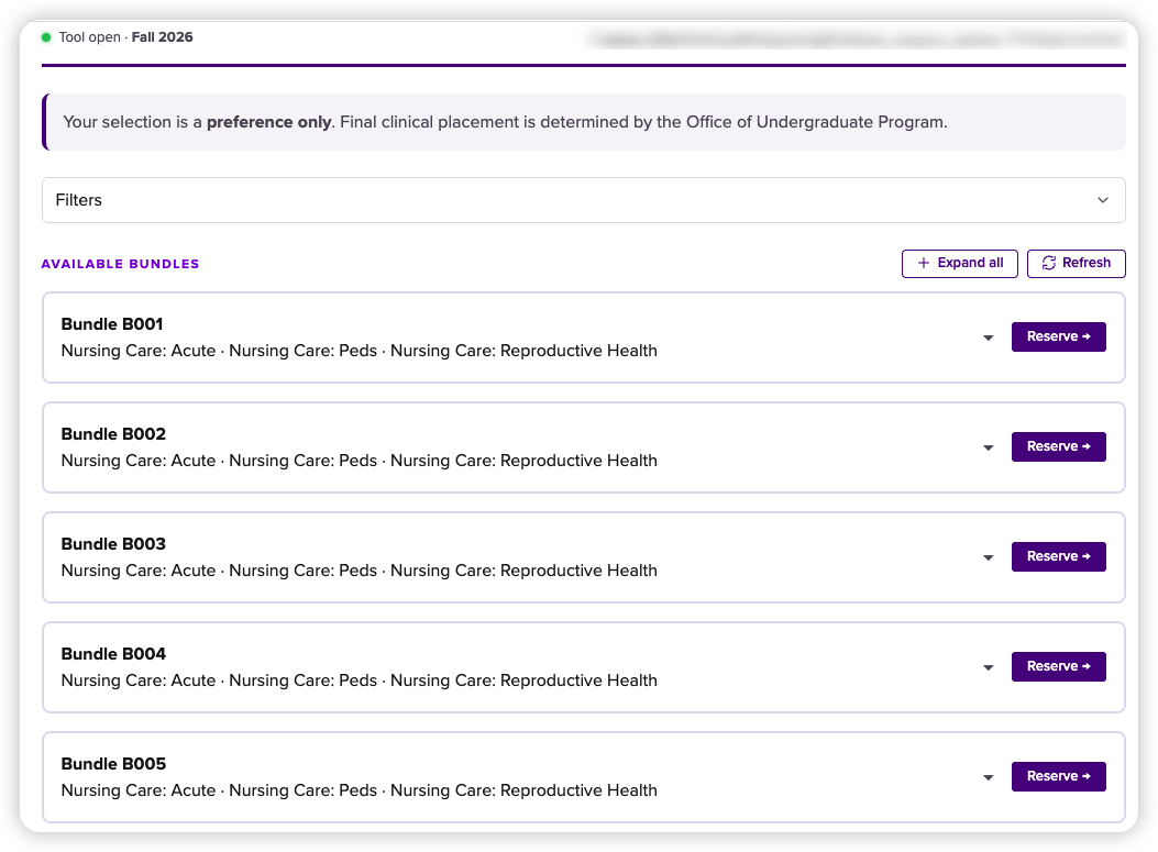 Clinical Preference Tool bundle list with filters, availability, and Reserve buttons