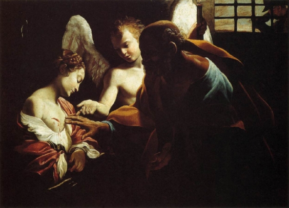 Religious image of angel touching wounded human