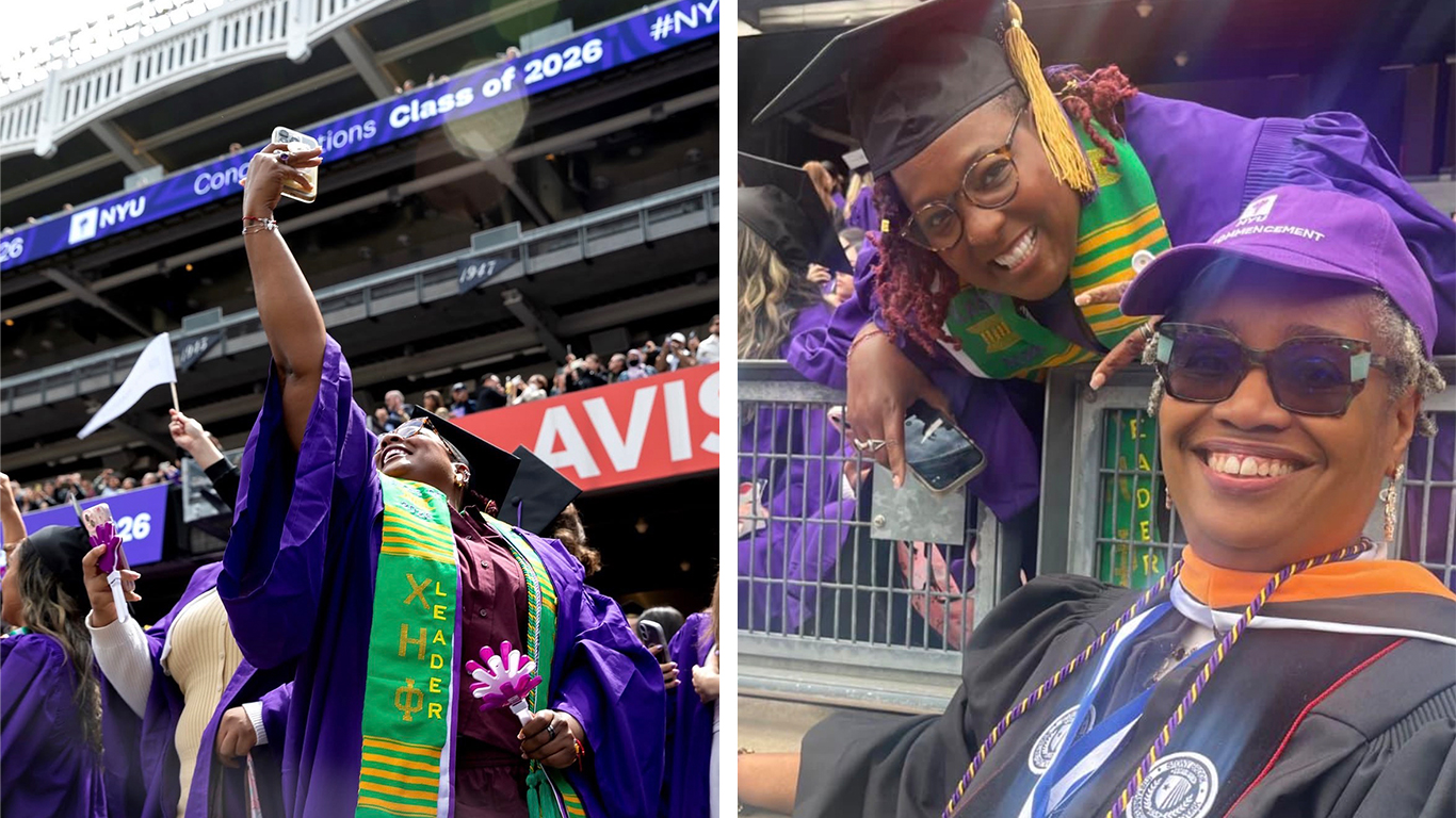 Left picture, Jasmin is taking a selfie at Yankee Stadium graduation. Image on the right, Jasmin and Prof. Sharon Taylor-Smalls are smiling for a pic