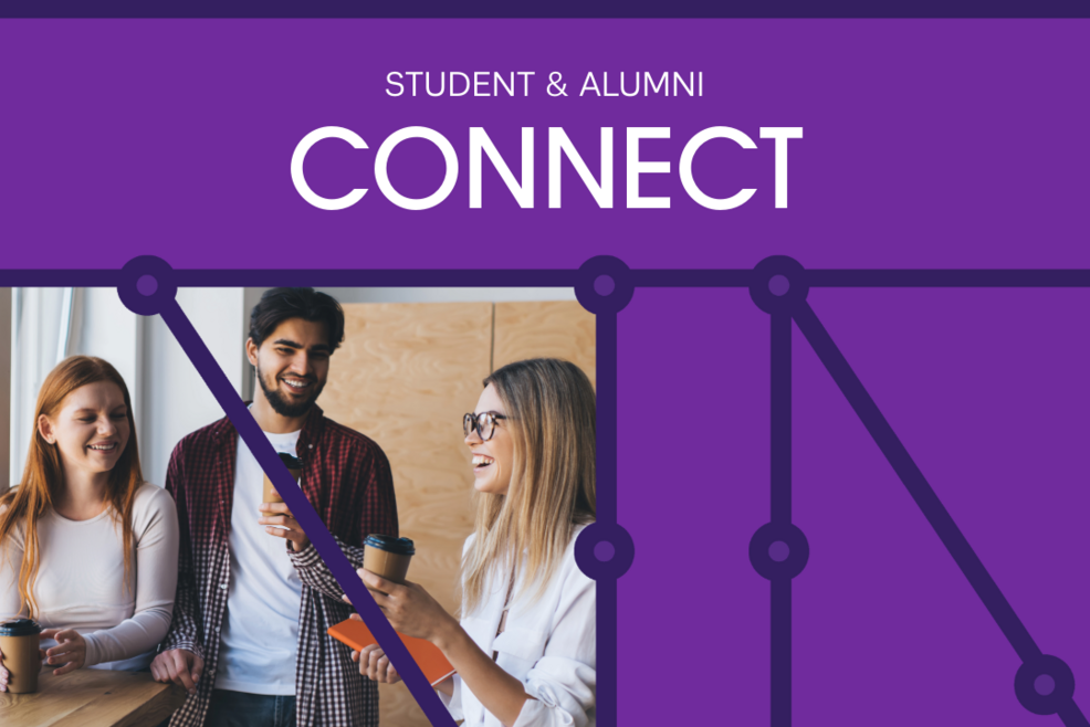 Students drinking coffee.  Purple background with black lines. 