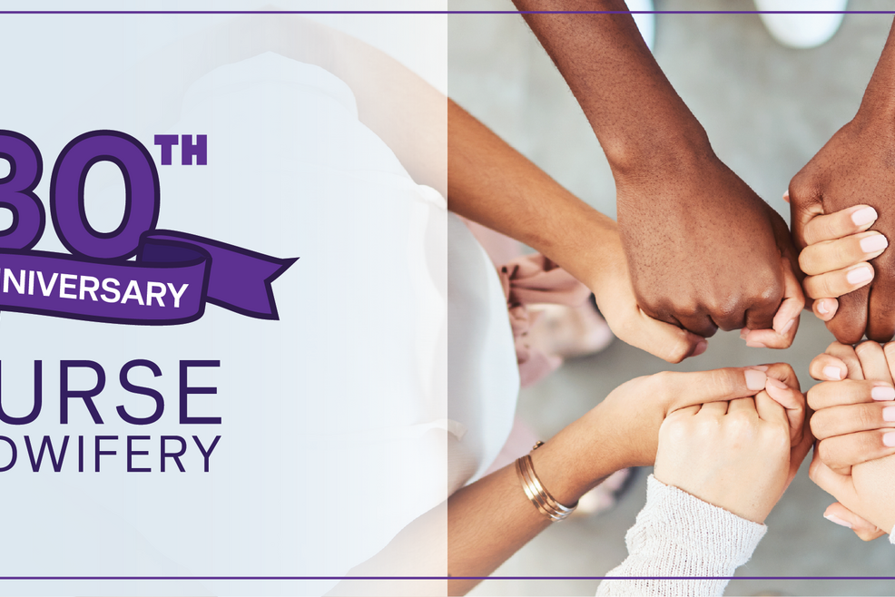 people holding hands in a circle.  banner with 30th anniversary written over Nurse Midwifery