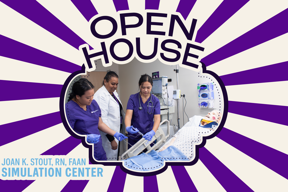Picture of students at the simulation center with Open House Logo