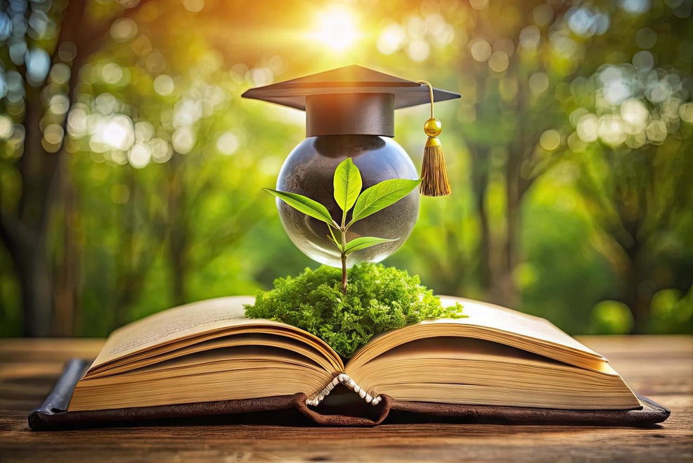 Picture of a plant and globe with a graduation hat growing out of a book in a forest
