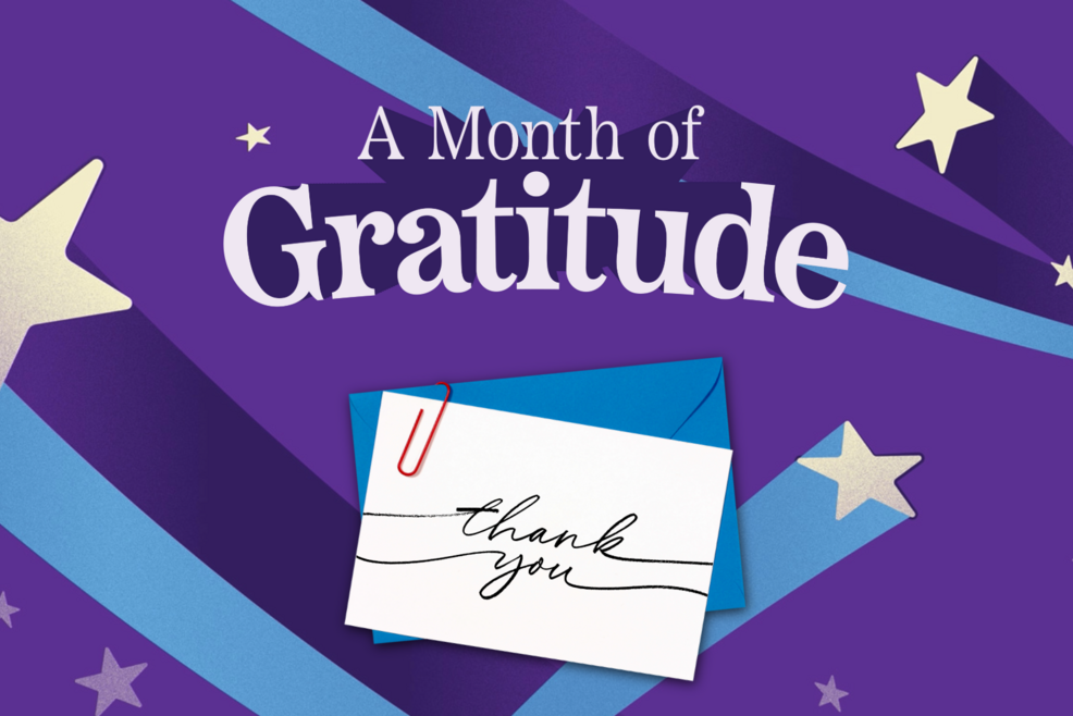 A month of gratitude with star purple and blue background and a card and envelope that says thank you in cursive