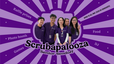 Five students wearing purple scrubs; purple rays around their picture
