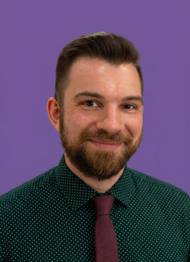 headshot of adam poltrack against an nyu purple background