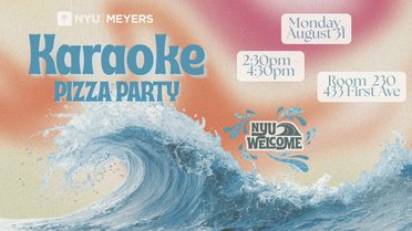 Karaoke Pizza Party event graphic with big wave on it