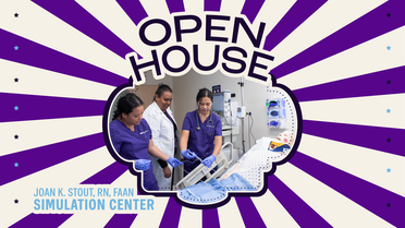 Picture of students at the simulation center with Open House Logo