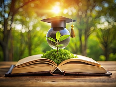 Picture of a plant and globe with a graduation hat growing out of a book in a forest