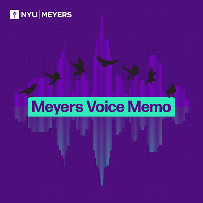 Purple backgroubd with NYU skyline, Meyers Voice memo text, and bird icons