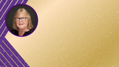 purple and gold background, with Robin Klar headshot