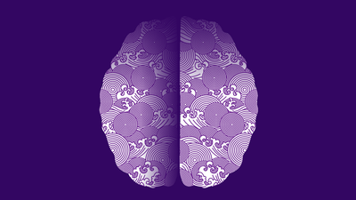 Purple illustration of a brain with decorative elements fading to abstractly represent Alzheimer's